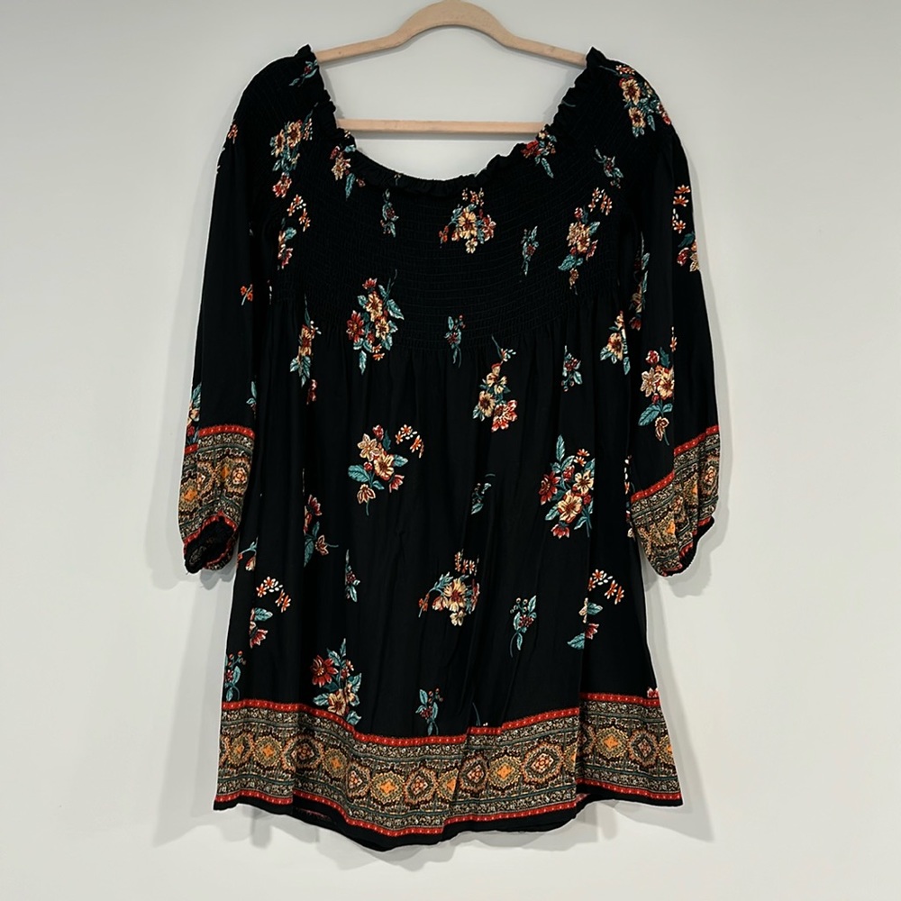 Xhilaration Tunic Peasant Top New Black Floral Off The Shoulder 3/4 Sleeve L